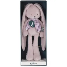 A Kaloo bunny doll with long ears and a floral scarf, shown in its decorative packaging.