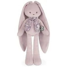 A Kaloo stuffed bunny with a purple corduroy-like texture and a patterned scarf around its neck.
