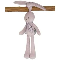 A soft toy of a bunny with a floral scarf, hanging upside down by its knotted ears.