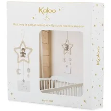 A Kaloo customizable mobile for a baby's crib, packaged in a white box with gold stars