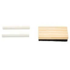 A set of two white chalk sticks and a small rectangular wood-and-felt chalkboard eraser.