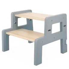 A two-step wooden stool with grey legs and natural wood steps on a white background.
