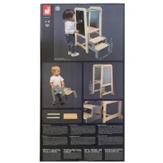 A wooden ride-on toy shaped like a panda with a black seat, black handlebars, and four wheels.