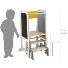 Toddler step stool with writing surfaces, two adjustable steps, and dimensions of 85cm33.5in height.