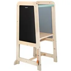 Wooden toddler helper tower with integrated chalkboards, a small step, and a safety bar