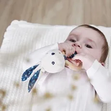 A baby lies on their back, holding a plush rabbit rattle with a wooden ring in their mouth