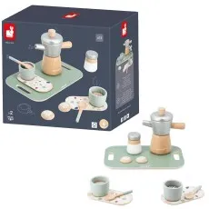 A wooden Janod toy coffee set for kids, including a pot, cups, and cookies, next to its illustrated box.
