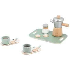 child's wooden toy set featuring a coffee pot, cup, and spoon on a tray with handles.