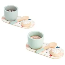 A close-up of a child's wooden toy set with a coffee cup, spoon, and a cookie on a patterned tray.