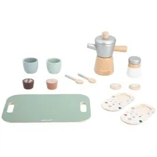 A complete wooden toy coffee set, including a tray, pot, cups, spoons, and two cookies..