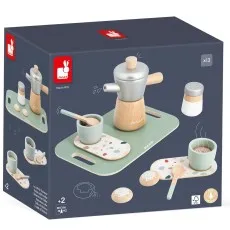 A dark blue product box for a Janod wooden toy coffee set, showing photos of the toys inside.