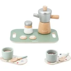 A wooden play kitchen set with a large serving tray, coffee pot, cups, spoons, and decorated cookies.