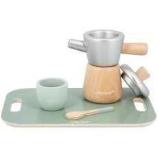 A wooden toy coffee pot, a cup, and a spoon on a light green serving tray.