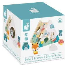 A toy shape sorter box with a picture of the toy and its pieces. The brand is Janod