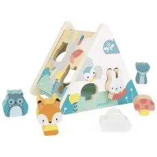 A forest-themed wooden toy sorter with a fox, rabbit, cloud, owl, and badger. The rabbit piece is in its slot
