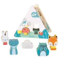 A forest-themed wooden toy sorter with a fox, rabbit, cloud, owl, and badger