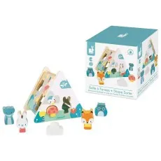 A toy set featuring a triangular shape sorter and its box with the word Janod on it