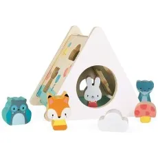 A white and wooden triangular toy sorter with animal shapes is surrounded by toy animal pieces