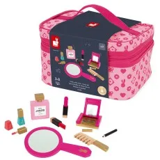 A set of wooden toy beauty accessories including a perfume bottle, nail polish, lipstick, and a comb.