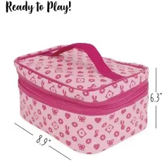 A rectangular pink children's beauty case with a repeated heart, bunny, and flower pattern.