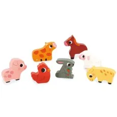 A collection of six wooden toy farm animals, including a pig, a giraffe, a chicken, a rabbit, a horse, and a sheep