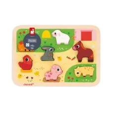 A colorful wooden puzzle featuring six farm animals a red chicken, a gray rabbit, a pink pig, a white lamb, and a brown horse