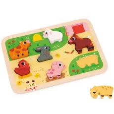 A farm animal wooden puzzle with a cow, rabbit, sheep, horse, pig, and chicken. The cow piece is taken out of the puzzle