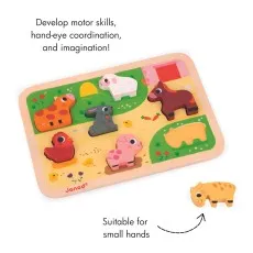 A wooden farm animal puzzle with six pieces, designed to develop motor skills and hand-eye coordination for small hands