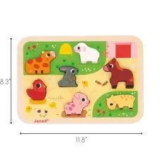 A wooden farm animal puzzle with six pieces, measuring 8.3 inches by 11.8 inches