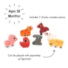 A wooden puzzle with six farm animal pieces a red chicken, a gray rabbit, a pink pig, a white lamb, and a brown horse