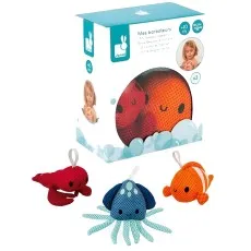 A Janod box for bath toys, next to the three unboxed toys a lobster, octopus, and clownfish..