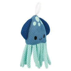 A blue mesh bath toy shaped like an octopus, with lighter tentacles and a hanging loop.
