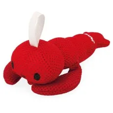 A red mesh bath toy shaped like a lobster, with a hanging loop and a smiling face