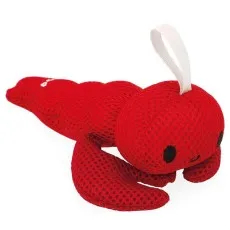A soft lobster toy for the bath with a mesh body and a white loop