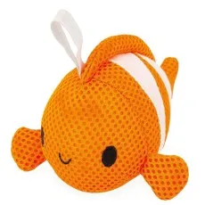 A soft, orange clownfish toy for the bath, designed to be quick-drying.