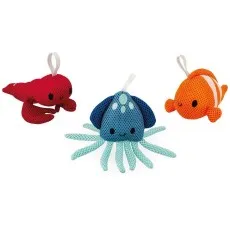 Three colorful mesh bath toys a red lobster, a blue octopus, and an orange clownfish.