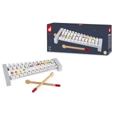 A toy xylophone set with a dark blue box featuring the instrument, and the instrument itself with two mallets