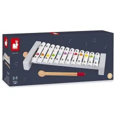 A dark blue box for a toy xylophone, featuring an image of the white and gray xylophone