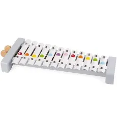 A gray and white toy xylophone with 12 colorful bars and two wooden mallets