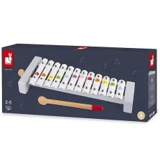 A navy blue toy xylophone box with a graphic of the white and gray instrument with heart-shaped notes and two mallets