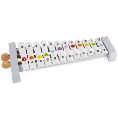 A white and gray toy xylophone with 12 colorful, metal bars and two wooden mallets