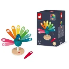 A colorful wooden learning toy of a peacock with numbered feathers, shown with its packaging.