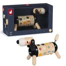 A Janod wooden toy dog with a segmented body is shown next to its dark blue product box.