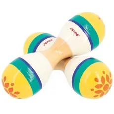 A colorful, wooden musical toy with two attached maracas, decorated with yellow, white, and green stripes and orange flower patterns