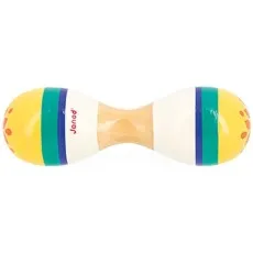 A colorful, double-sided wooden maraca toy with a natural wood handle, painted with yellow, green, and white stripes