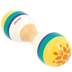 A double-sided wooden maraca toy with a natural wood handle, painted with yellow, green, and white stripes, and an orange floral pattern