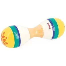 A horizontal shot of a wooden, double-sided maraca with a natural wood handle, painted with yellow, green, and white stripes