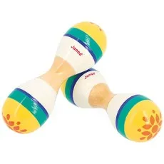 A pair of colorful, wooden musical toys with two attached maracas each, decorated with yellow, white, and green stripes and orange flower patterns