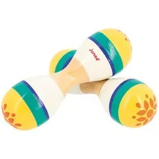 A pair of wooden musical toys with two attached maracas each, decorated with yellow, white, and green stripes and orange flower patterns
