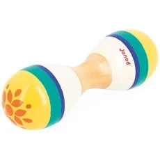 A single, wooden maraca toy with two connected ends, decorated with yellow, white, and green stripes and orange flower patterns